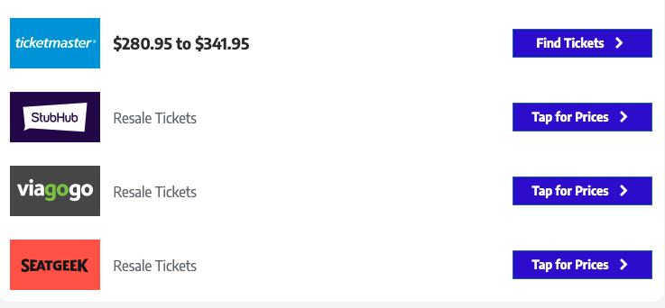 Ticket partner links and pricing for an event, including Ticketmaster, StubHub, viagogo, and SeatGeek